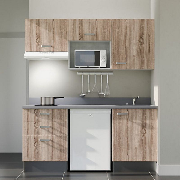 Kitchenette K20 - 180 cm - façades Bois - Plan monobloc en quartz coloris Cromo évier à droite - Electroménager Blanc