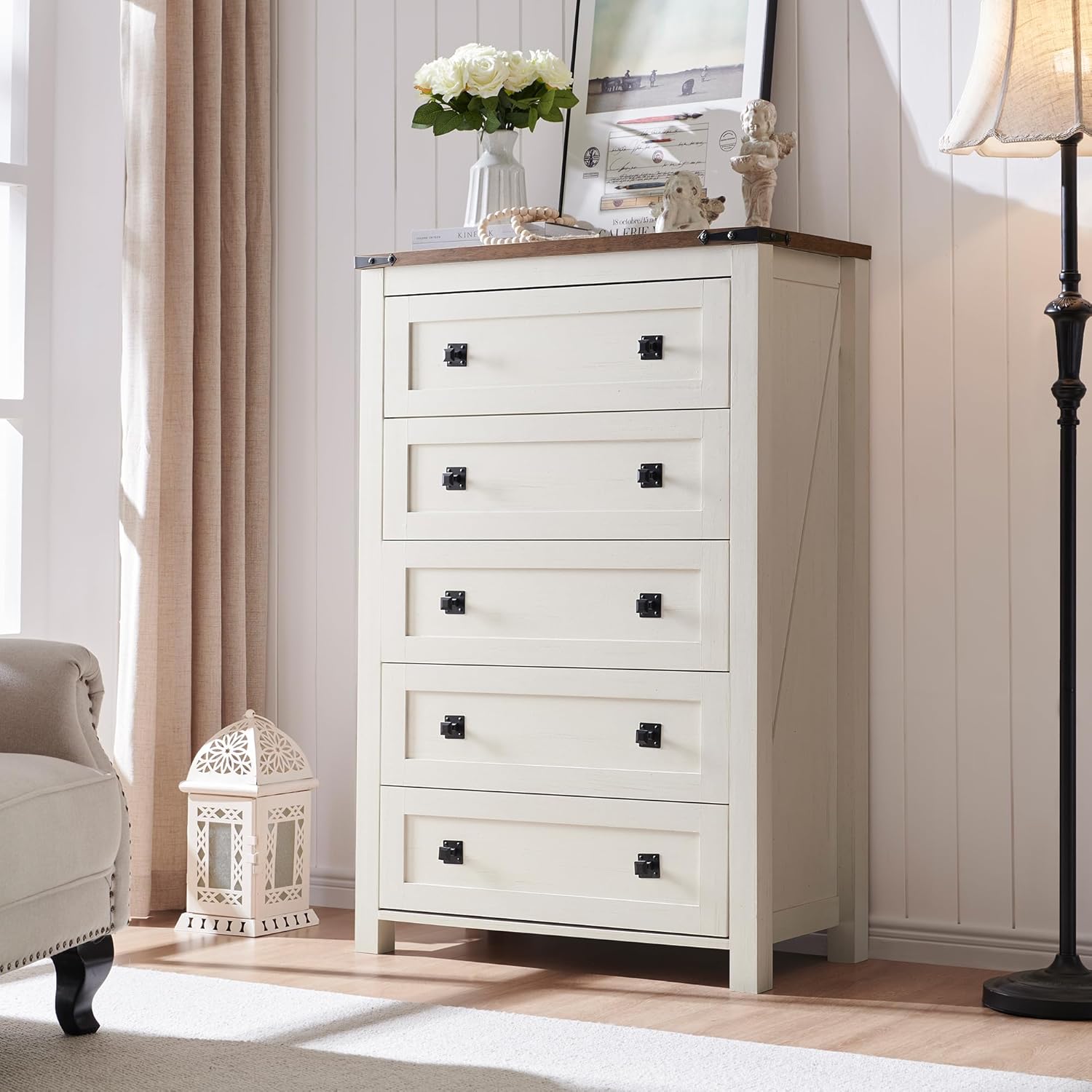 RedLemon Farmhouse 5 Drawer Dresser, 48 Tall Rustic Chest of Drawers, Wood Dresser for Bedroom, Living Room, Hallway, Antique White