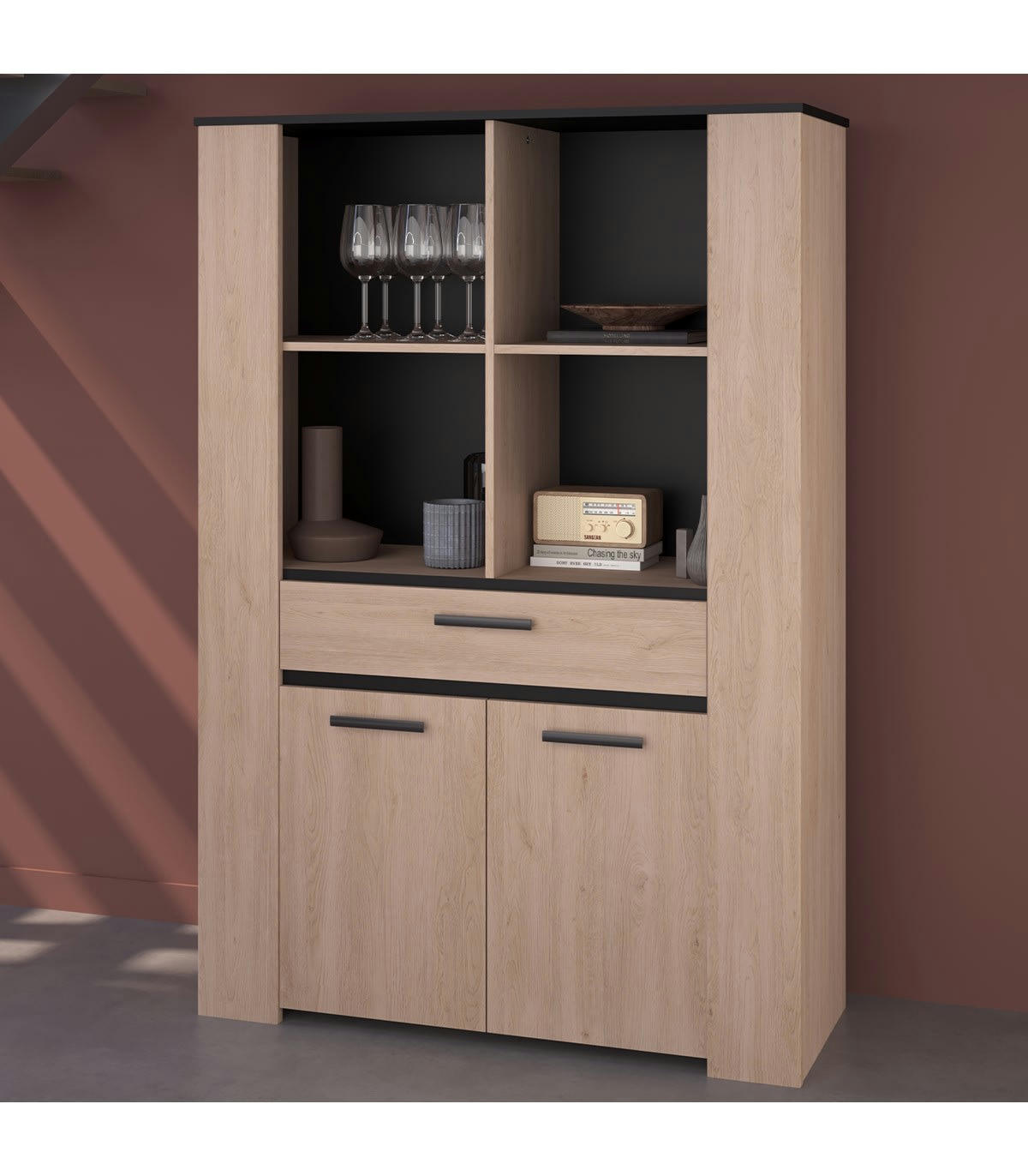 HELMA - Buffet haut 1 tiroir et 2 portes effet bois - L110 x H160 cm