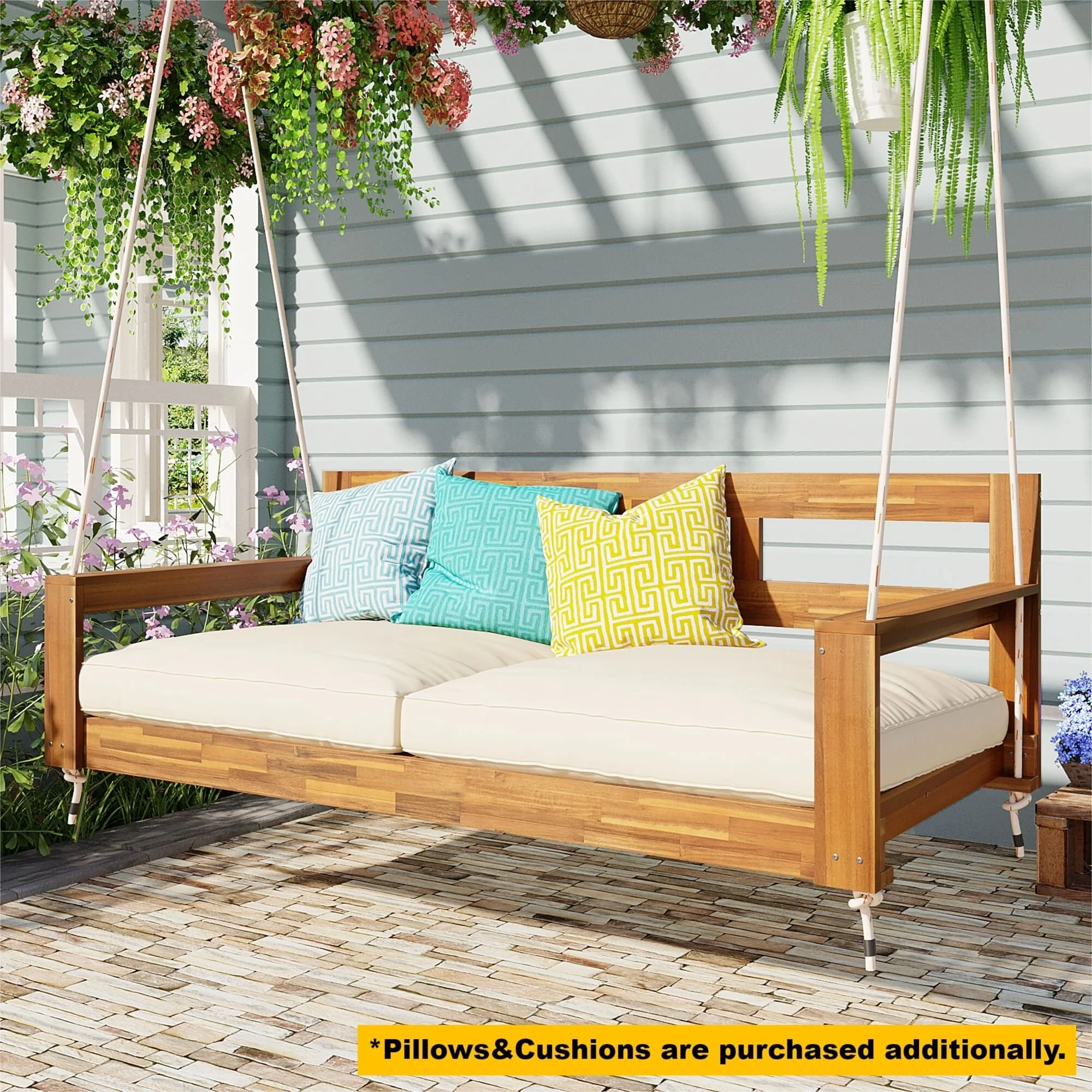 Patio Wooden Twin Size Porch Swing Daybed Frame, Garden Swing Bench Chair with 4 Hanging Ropes for Backyard,Outdoor