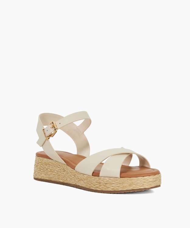 Littleton Ecru - Wide Fit Leather Raffia Flatform Sandals