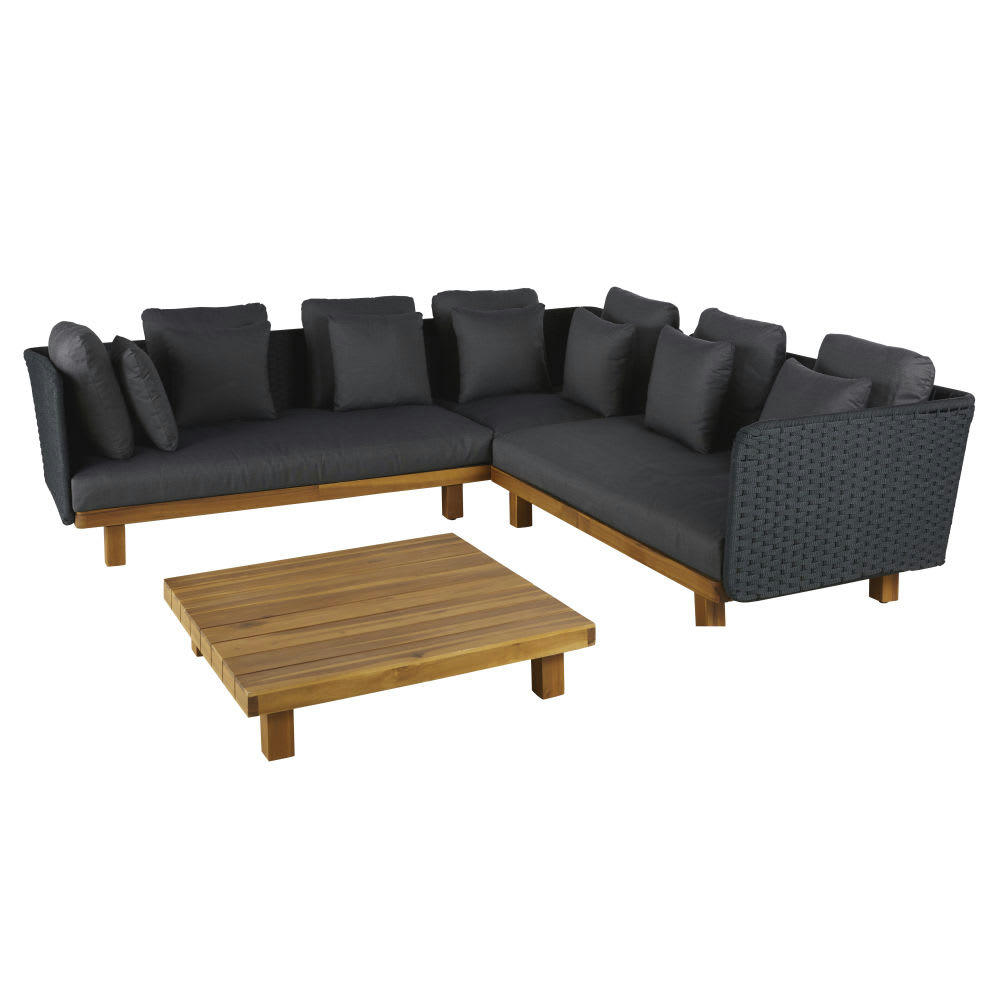 Malindi - Salon de jardin 5/6 places en corde tressée gris anthracite et bois d'acacia massif