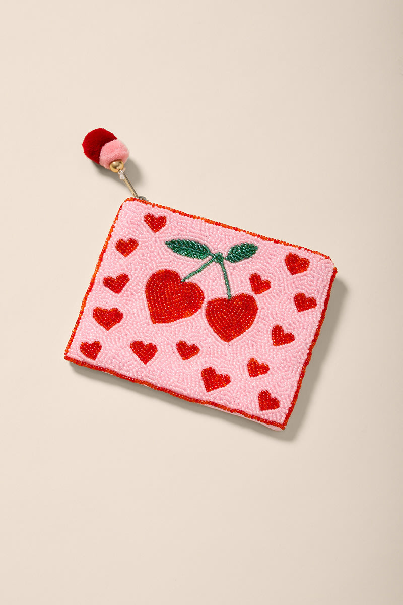 Cherry Heart Beaded Pouch