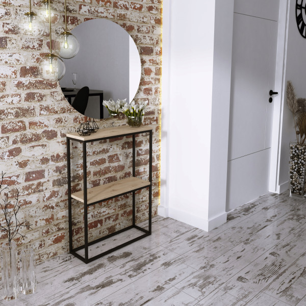 Konsola Podwójna Z Półką Przedpokój Loft 60x20h80 Czarna Blat Dąb Artisan