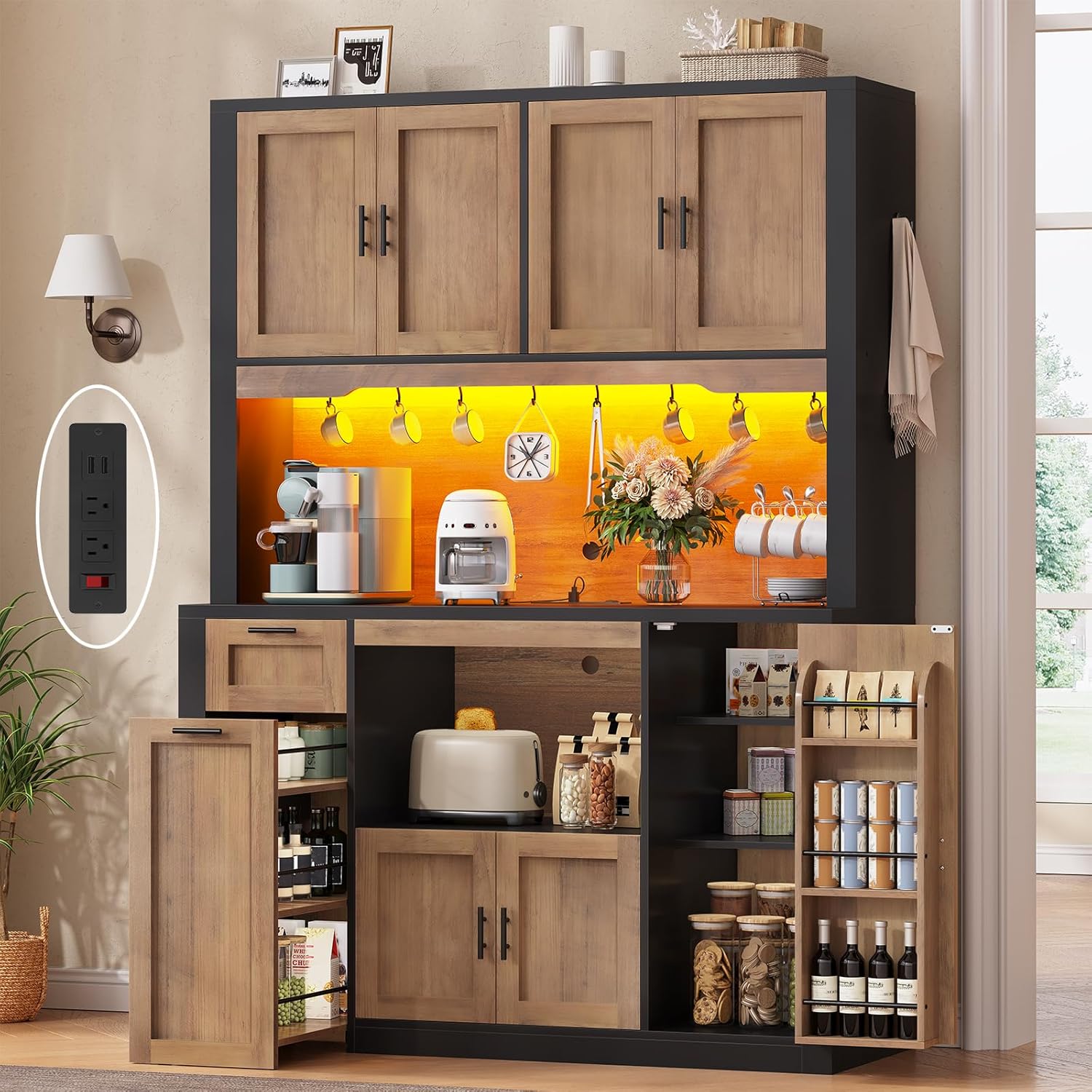 Itaar 71 Pantry Cabinet with Charging Station and LED Light, Kitchen Pantry Cabinet with Microwave Stand, 47.2 Wide Kitchen Storage Cabinets with Storage Cart 3 Tier for Dining Room (Brown)