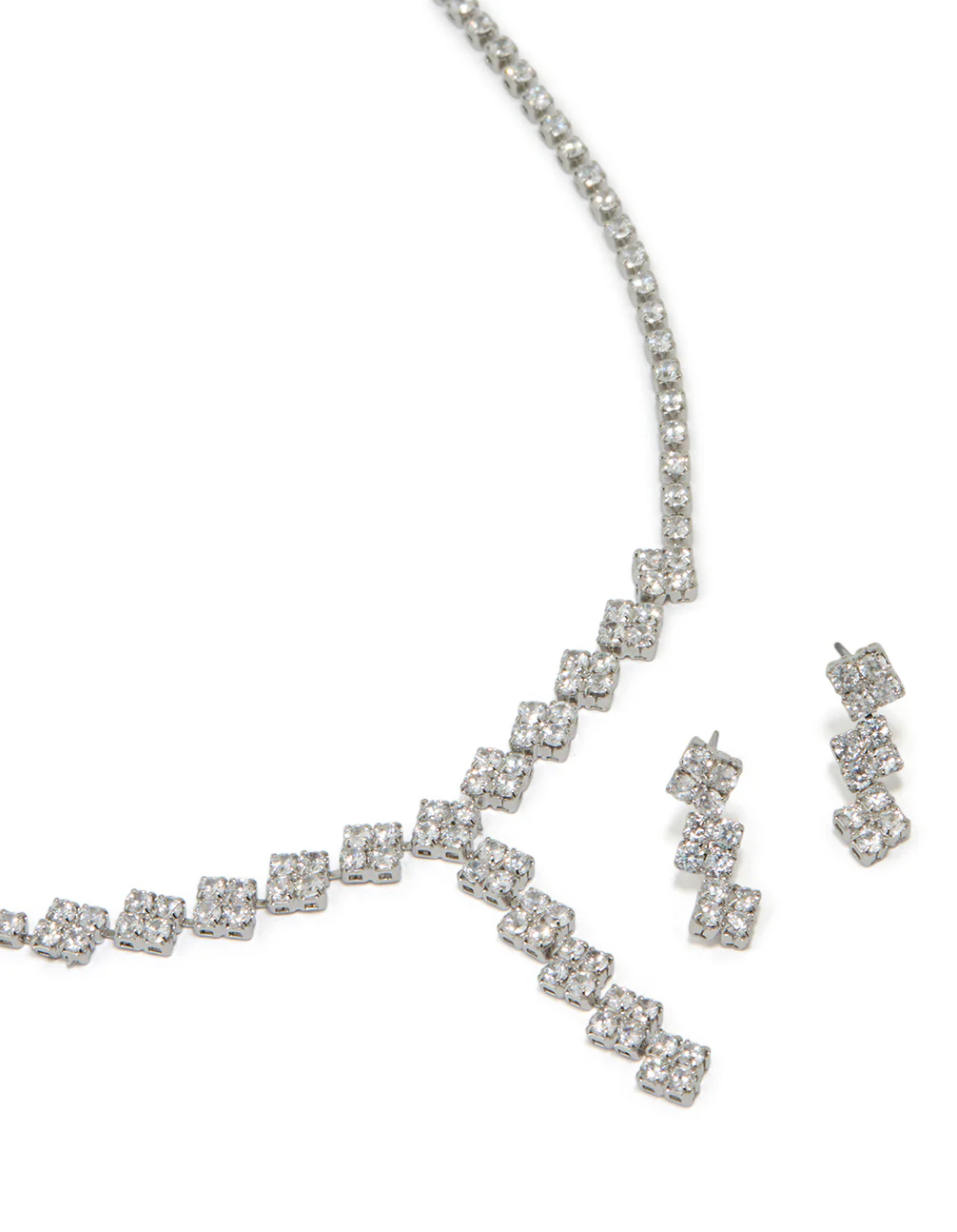 Silver Cubic Zirconia Flower Y-Necklace & Earrings Set