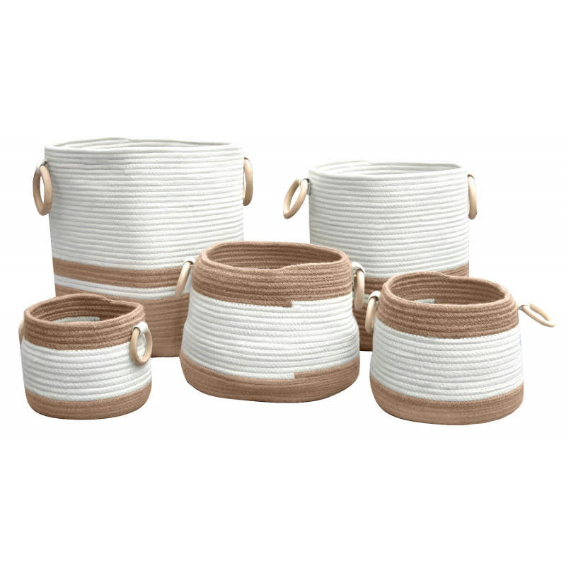 COTON - Lot de 5 paniers ronds marron et blanc avec poignées bois