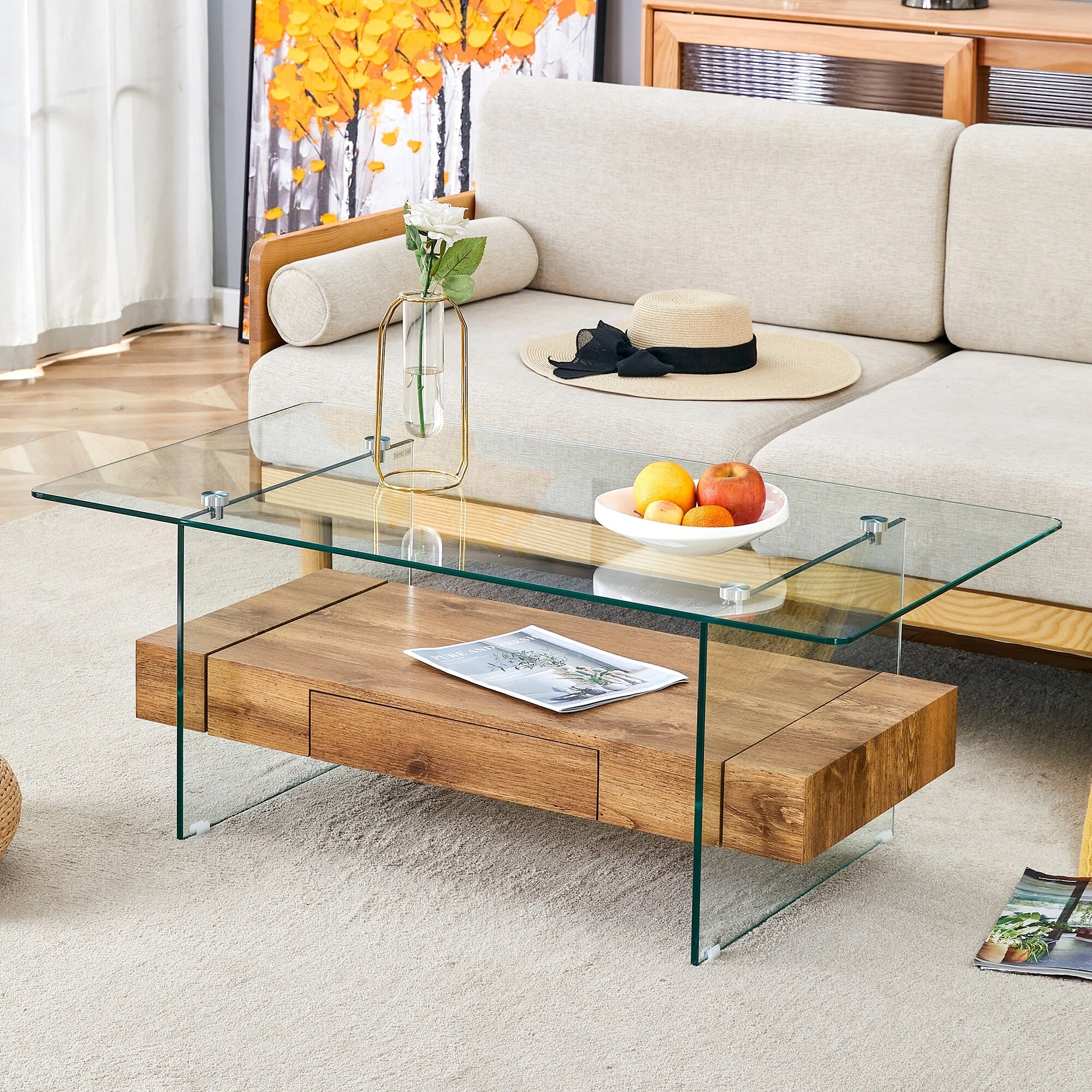 43.3 Inch Modern Two-Tier Coffee Table, Multifunctional Storage Design. The bottom tier includes a drawer