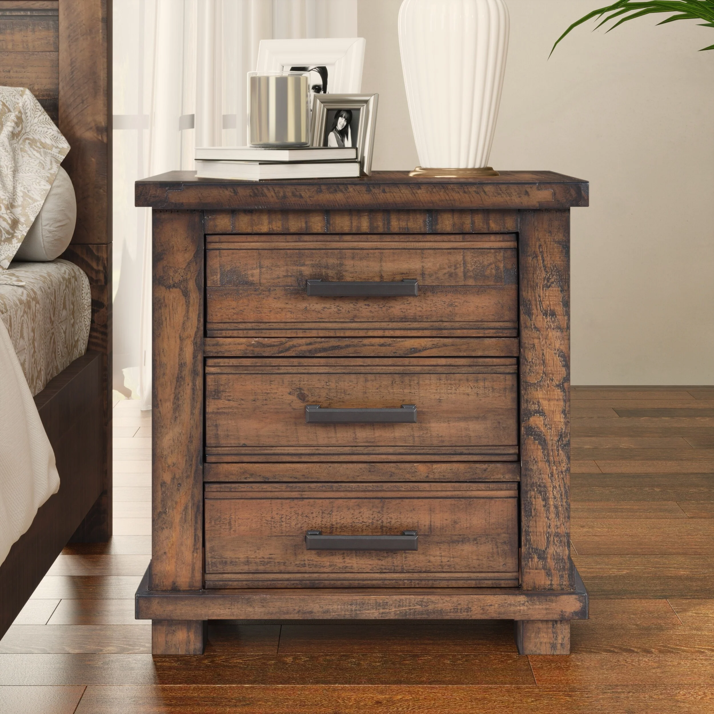 Rustic Three Drawer Reclaimed Solid Wood Farmhouse Nightstand