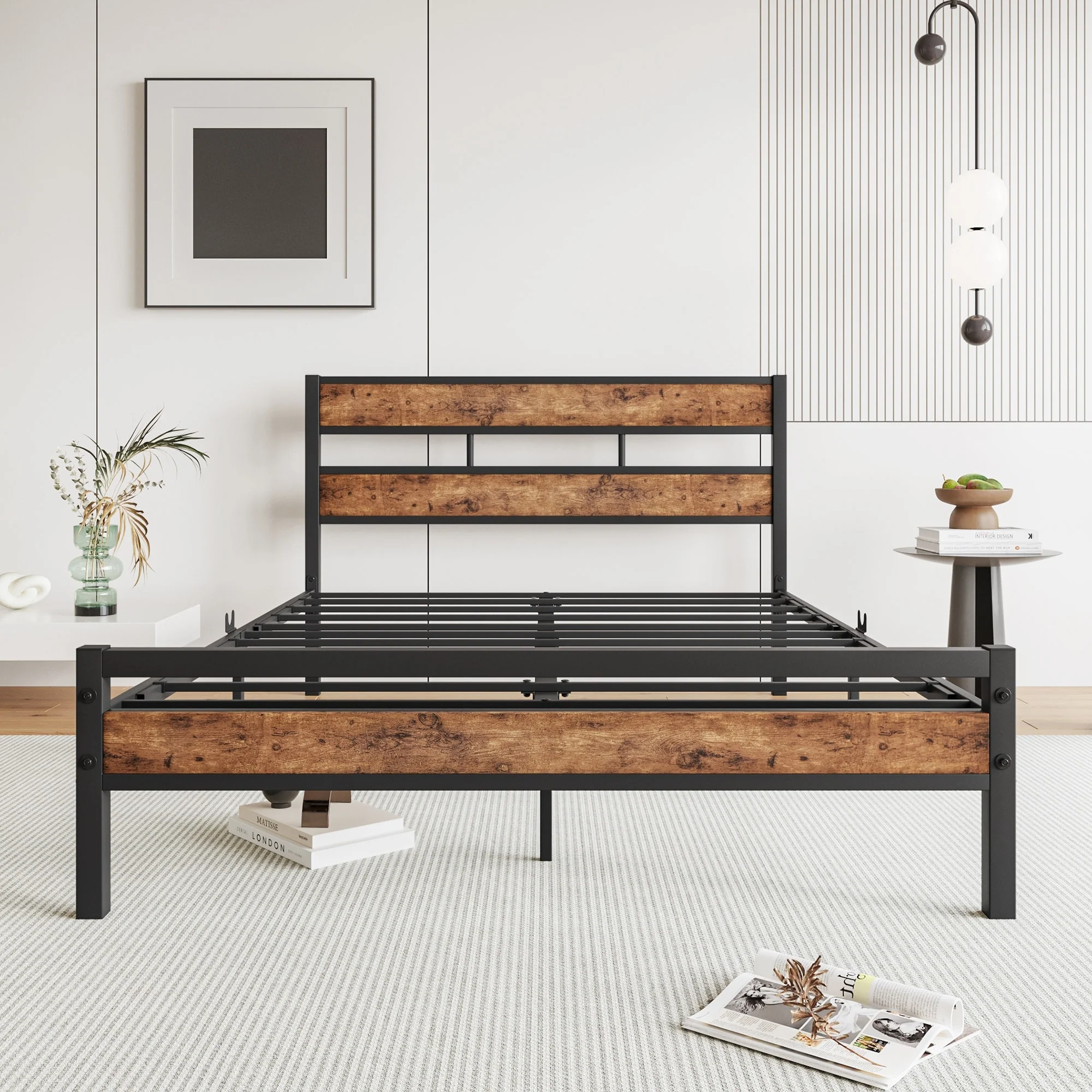 Full Size Black Metal and Rustic Wood Platform Bed