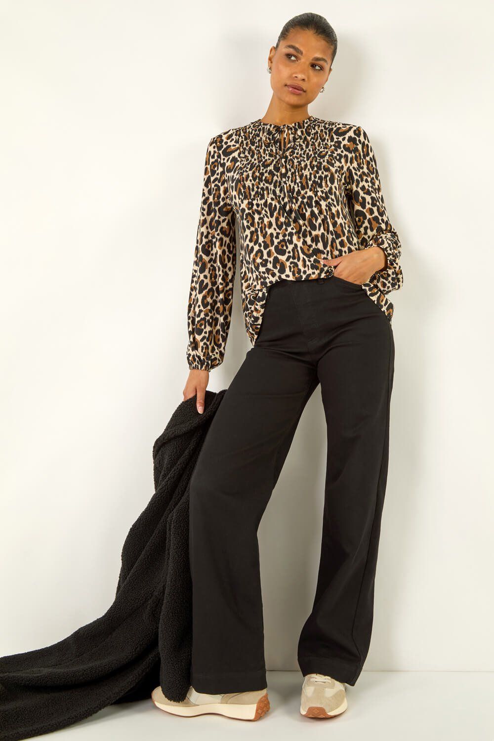 Roman Animal Print Shirred Tie Neck Top