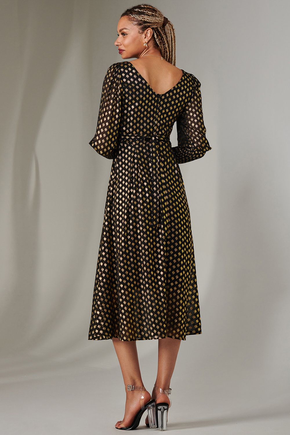 Jolie Moi Puff Sleeve Gold Spotty Midaxi Dress