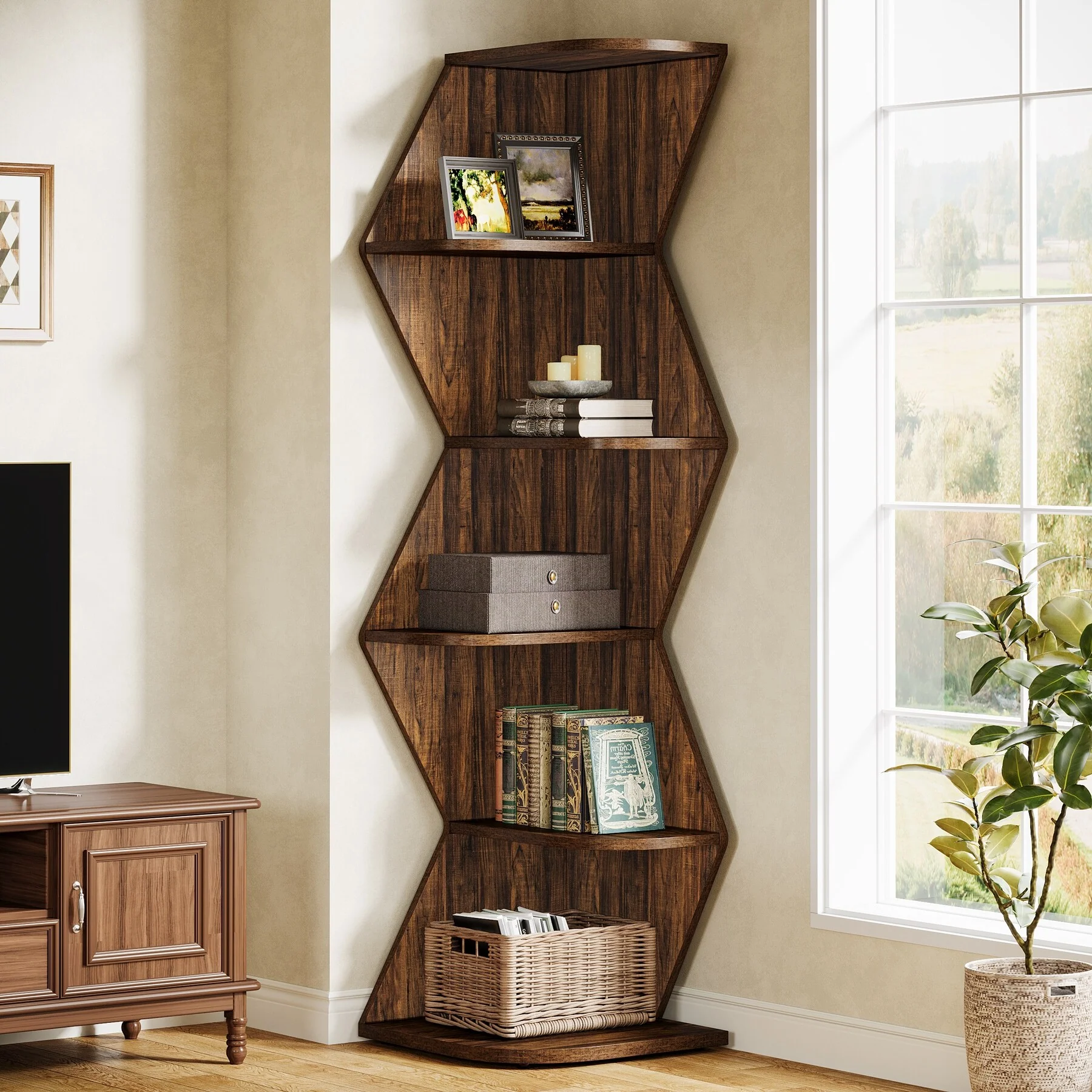 Industrial 5-Tier Corner Shelf Bookshelf with Storage for Living Room