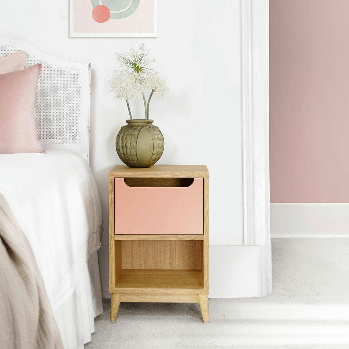 UNIK - Table de chevet en bois - chene et rose blush, 1 porte- 54*36*32