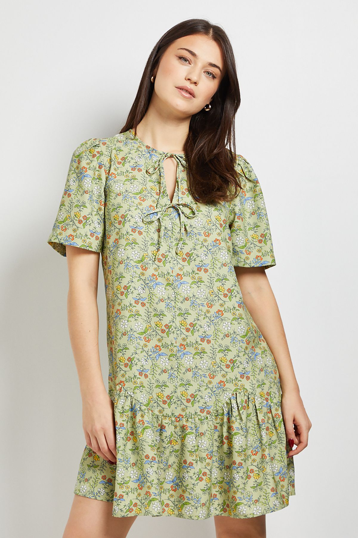 Dorothy Perkins Green Floral Tie Detail Drop Hem Printed Mini Dress
