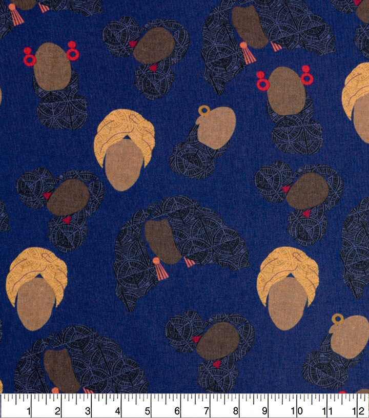 Coiffed Crowns Blue Black History Month Novelty Prints Cotton Fabric