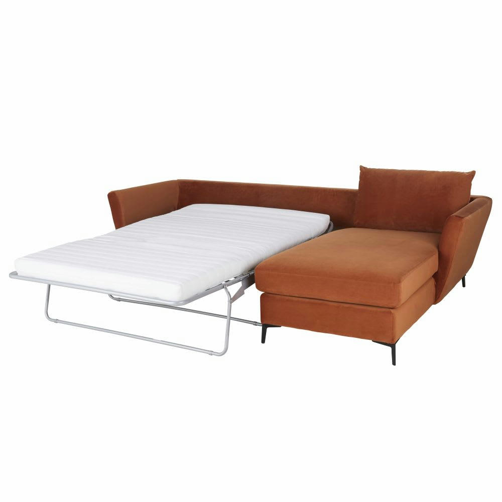 Prague - Canapé d'angle droit convertible 2/3 places en velours orange écureuil, matelas 10 cm