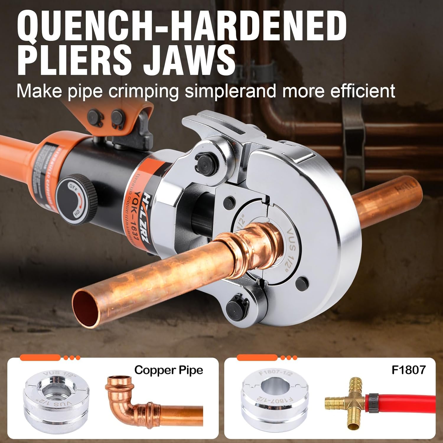 HZLZRZ Pro Press Copper and PEX Pipe Crimper Kit: 8 dies Set with Dies for 1/2 3/4 1 Copper Pipe ASTM F1807 PEX Copper Rings (5 Sizes 3/8 to 1), Professional Tool for Plumbing Systems(YQK/1632B)