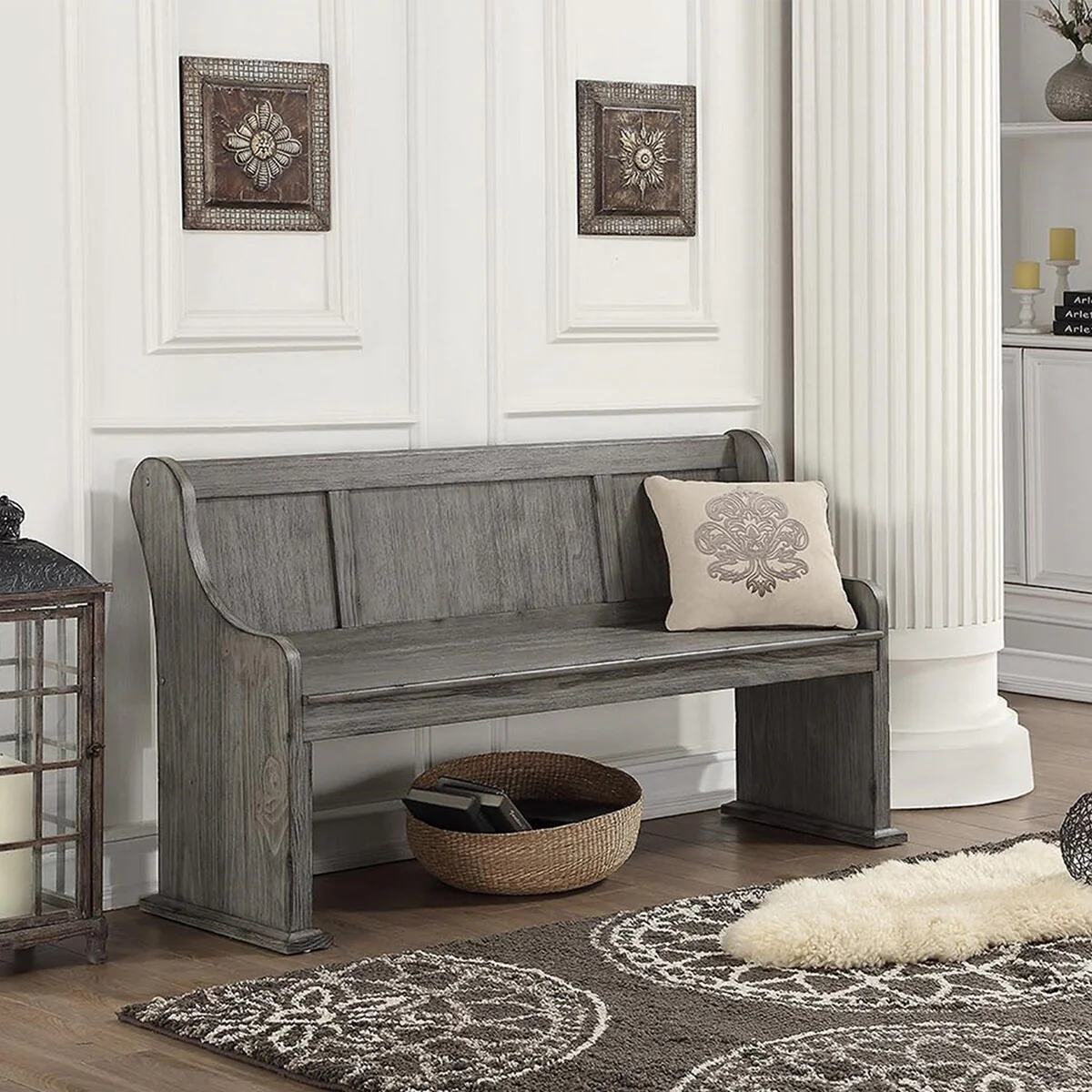 60Farmhouse Wooden Bench with Back