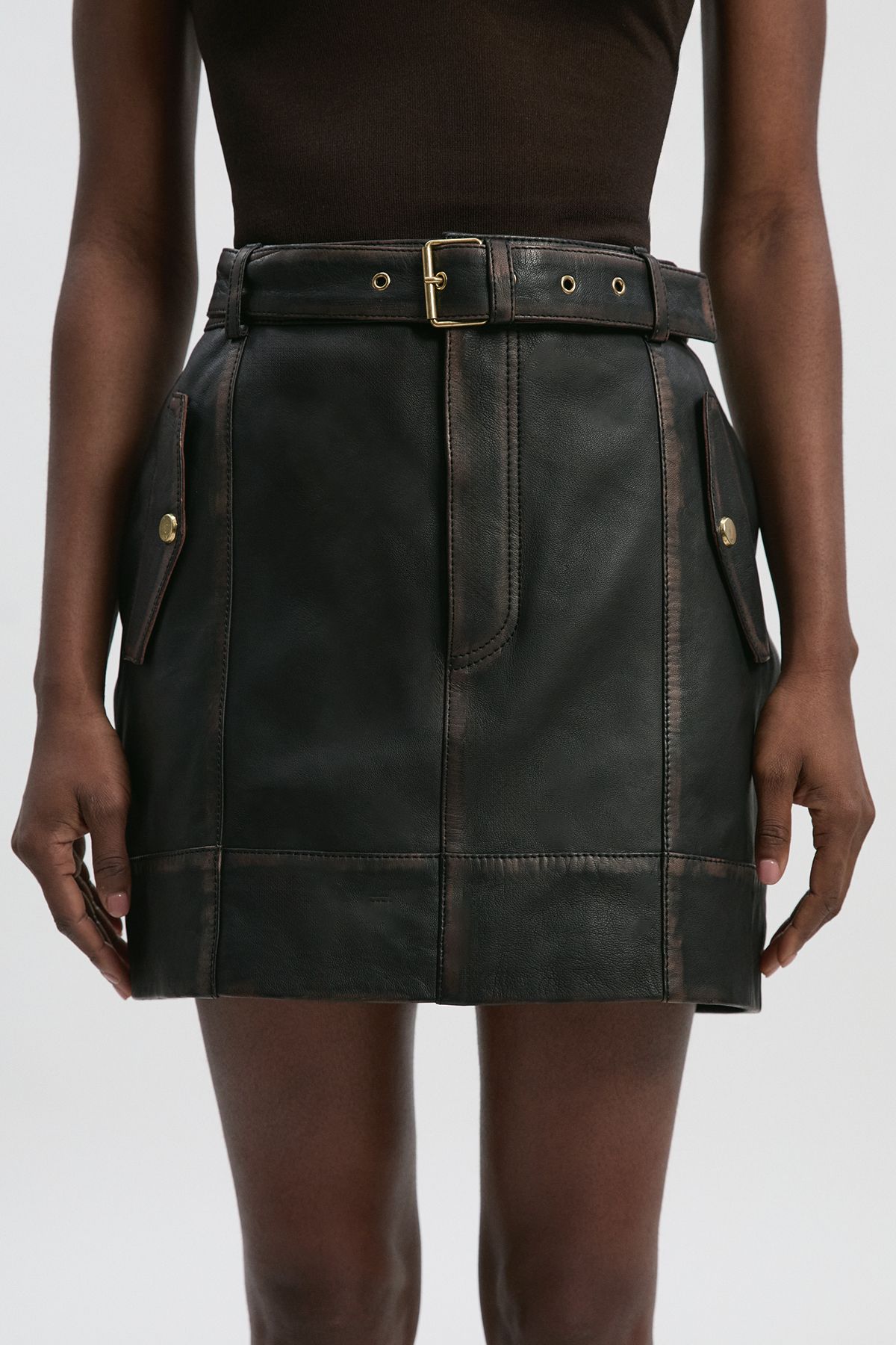 KarenMillen Leather Washed Belted Mini Skirt