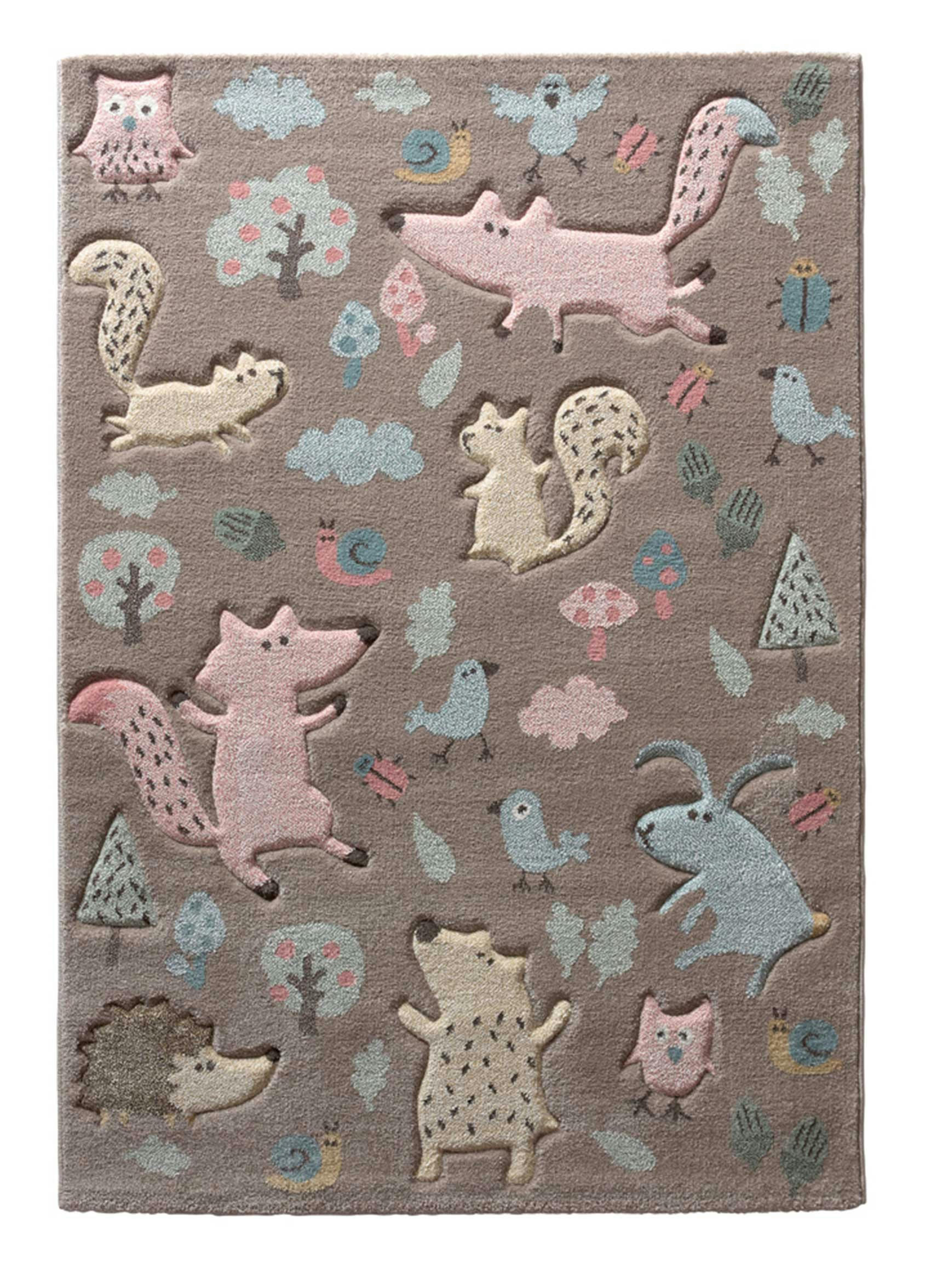 FOREST - Tapis enfant motif animaux forêt taupe 120x170