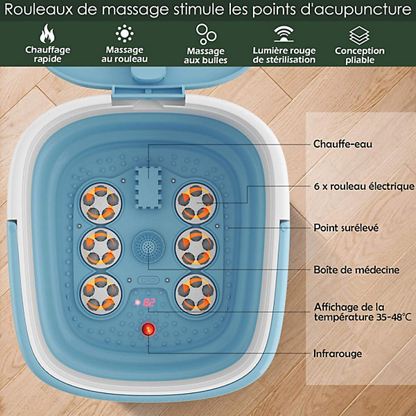 Bain de Pieds Relaxant Pliable avec Vibration des Bulles et Lumiere Rouge, avec Rouleaux de Massage et Telecommande (Bleu)