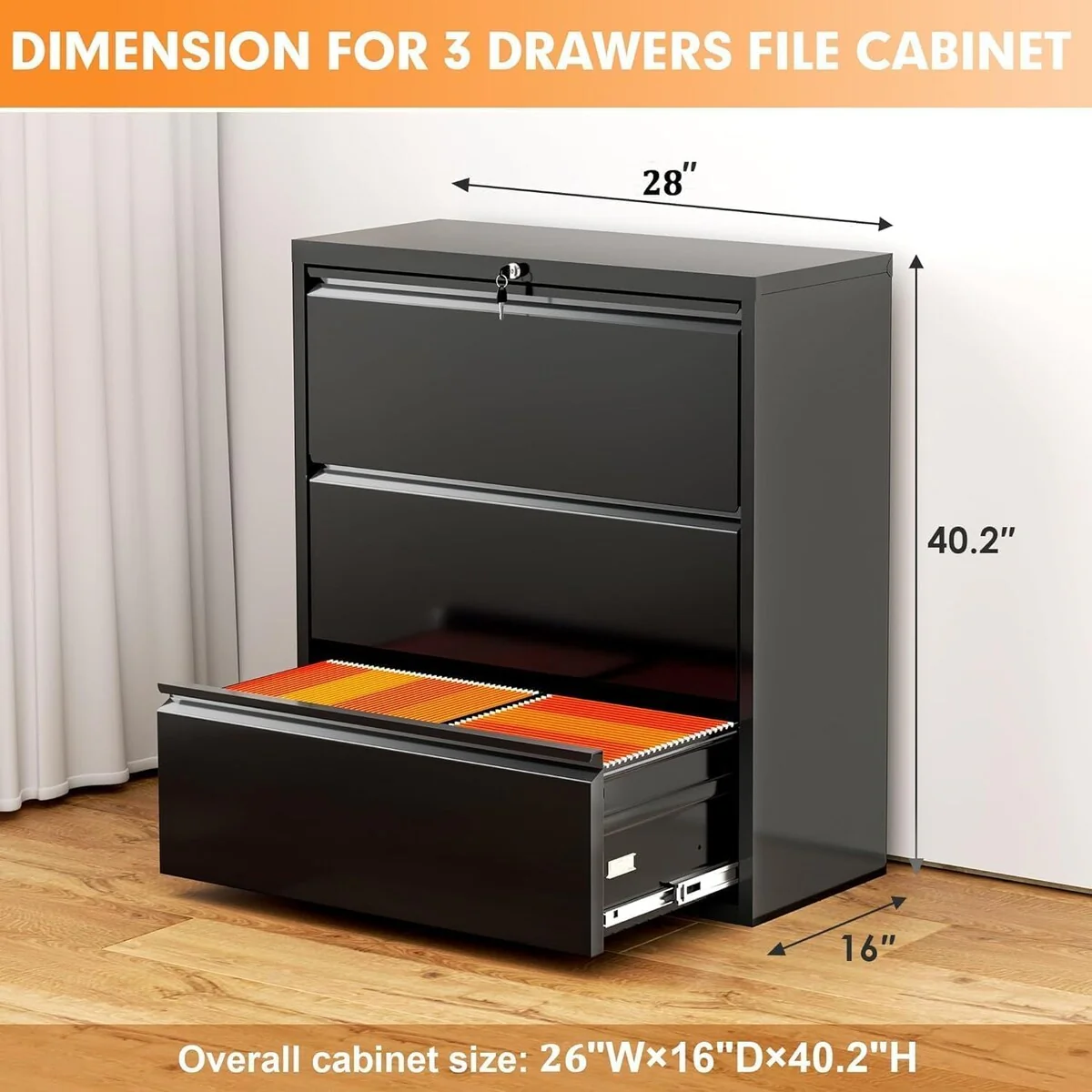 3 Drawer Metal Lateral Filing Cabinet with Lock