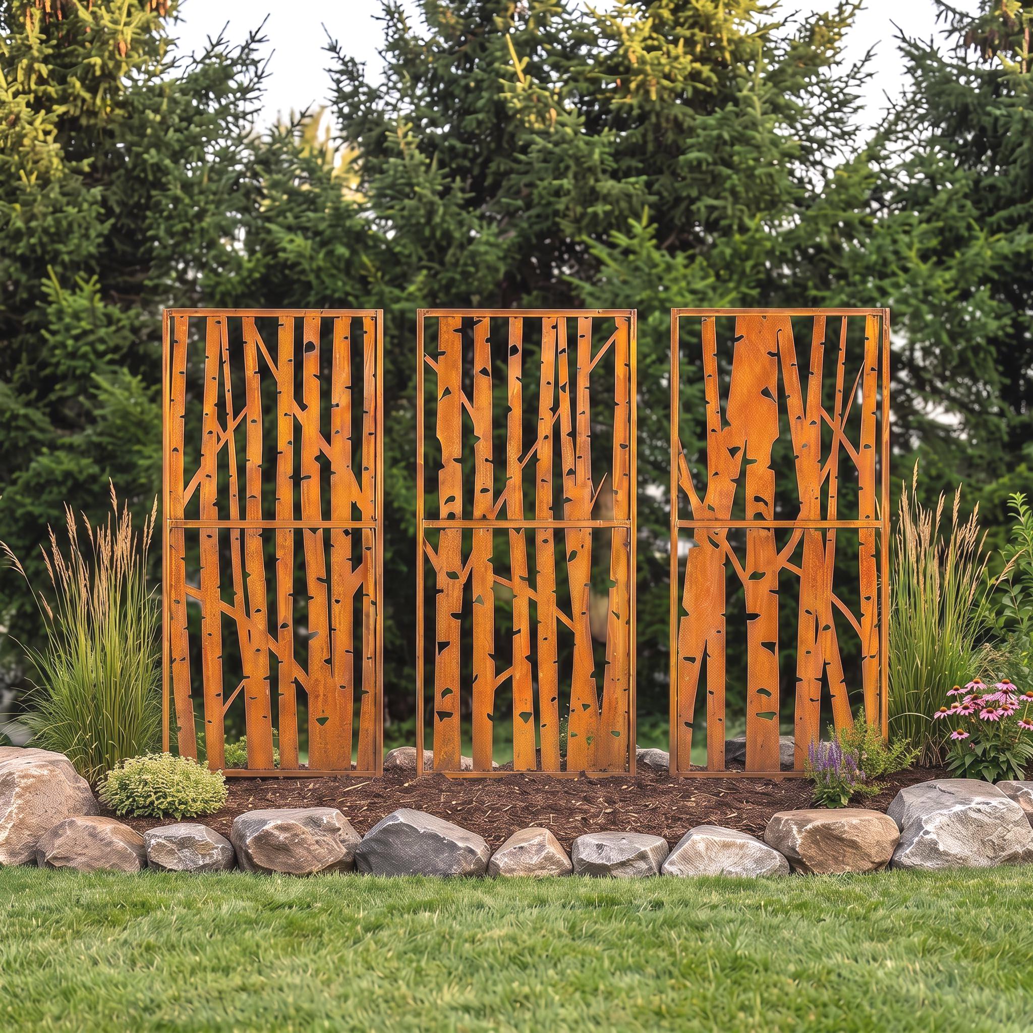 Birch Tree Metal Privacy Screens | Rustic Garden Panels | Outdoor Landscape Decor