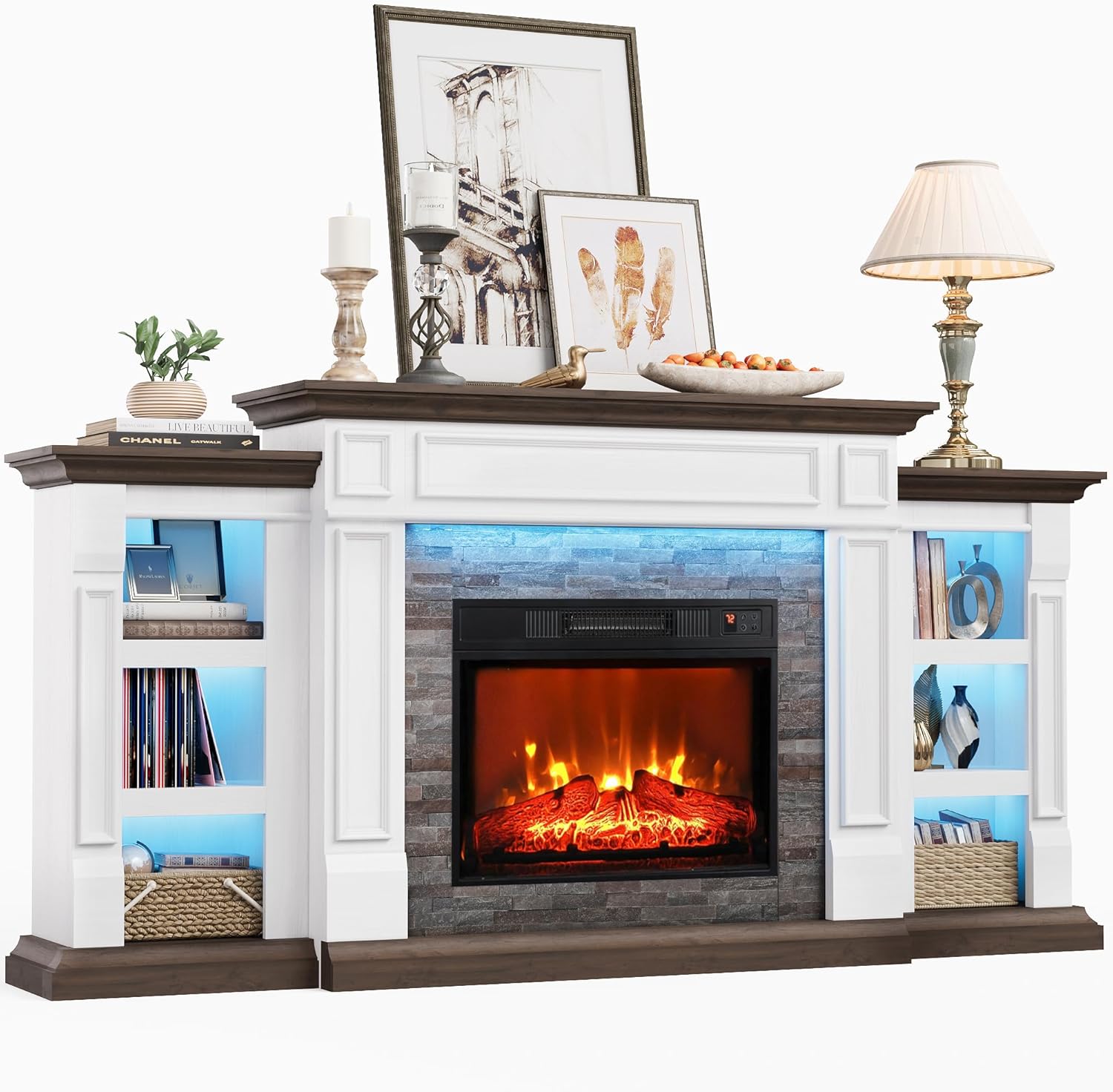 72 Electric Fireplace with Mantel and Cabinets, Fireplace TV Stand for Living Room Bedroom, LED Light, Stacked Stone Surround and Remote Control 3D Realistic Flame