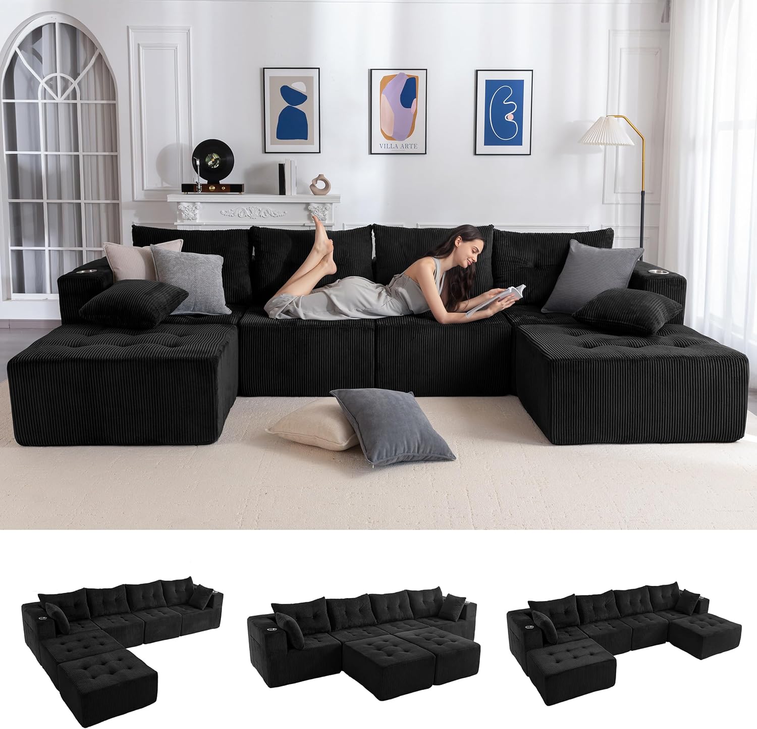 MAXYOYO 129.5 Modular Sectional Sofa Couch, U Shaped Modern Cloud Couch with 2 Ottomans, Sofa in A Box, Tufted 6-Seat Boneless Sleeper Chair for Living Room, No Assembly Required, Black