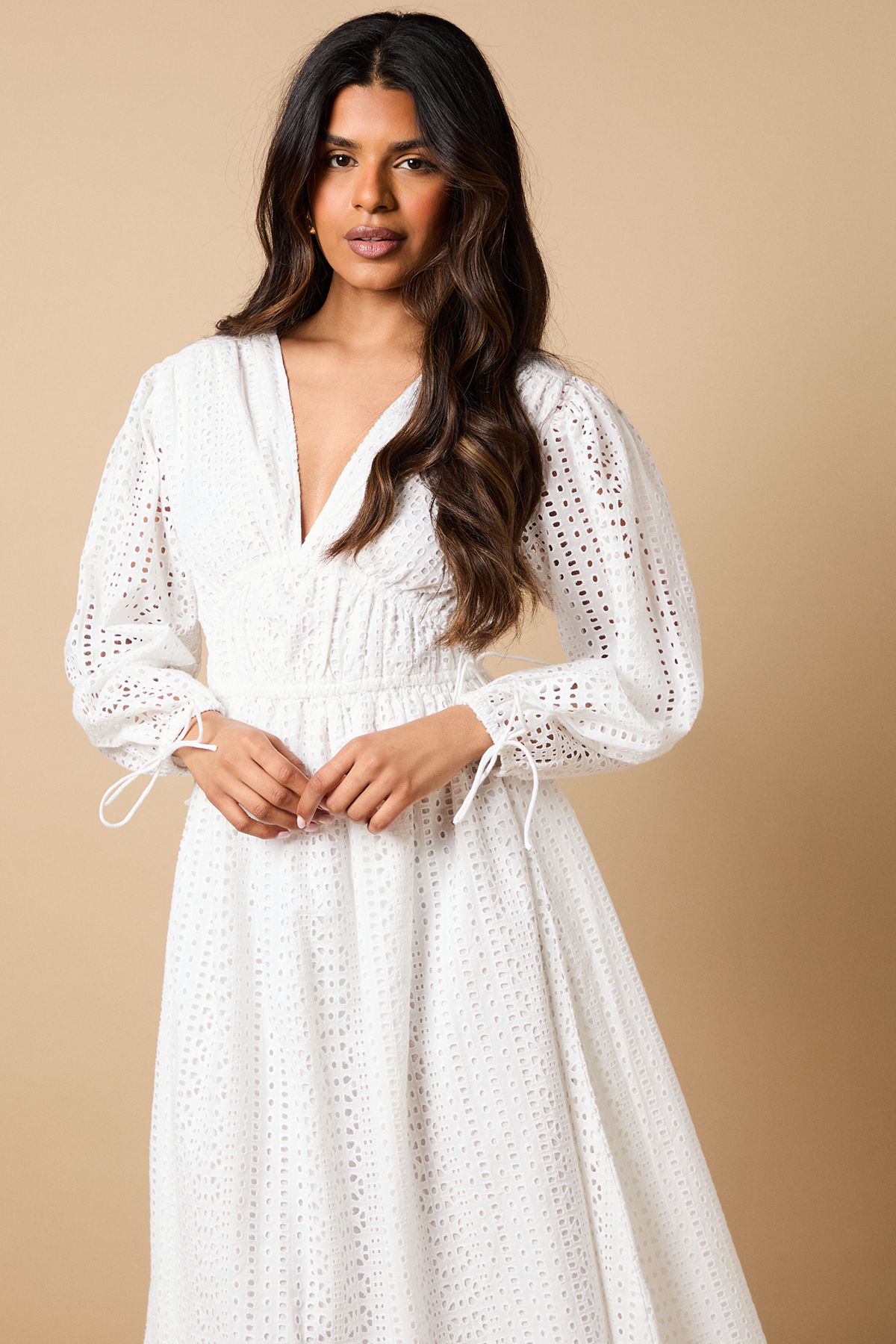 Oasis Petite Broderie Tie Front Puff Sleeve Midi Dress