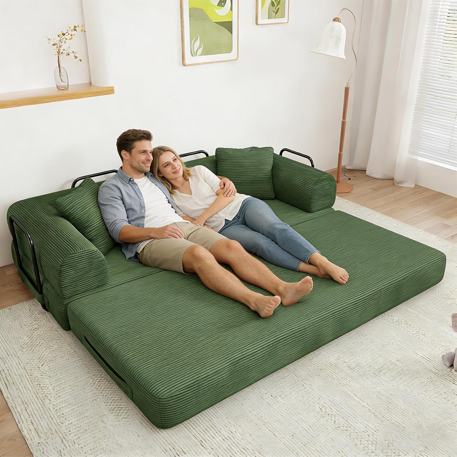 77 Convertible Sofa Bed, Modular Folding Futon Corduroy Floor Foam Compressed Loveseat Sleeper Sofa Couch, Pull Out Queen Size Couch Bed with 2 Pillows for Living Room Guest Room Studio, Dark Green