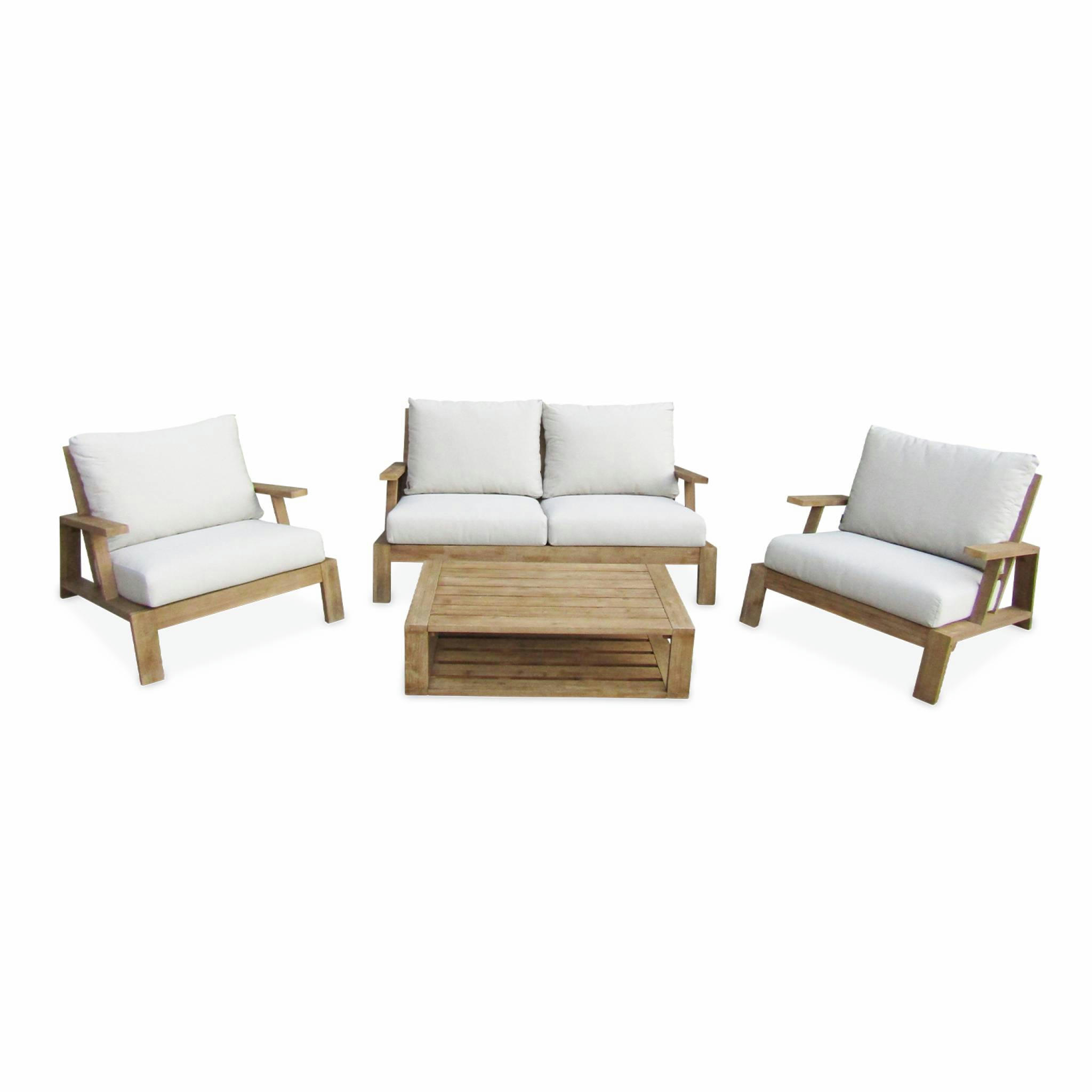 QUITO - Salon de jardin en bois et coussins beiges, 4 places