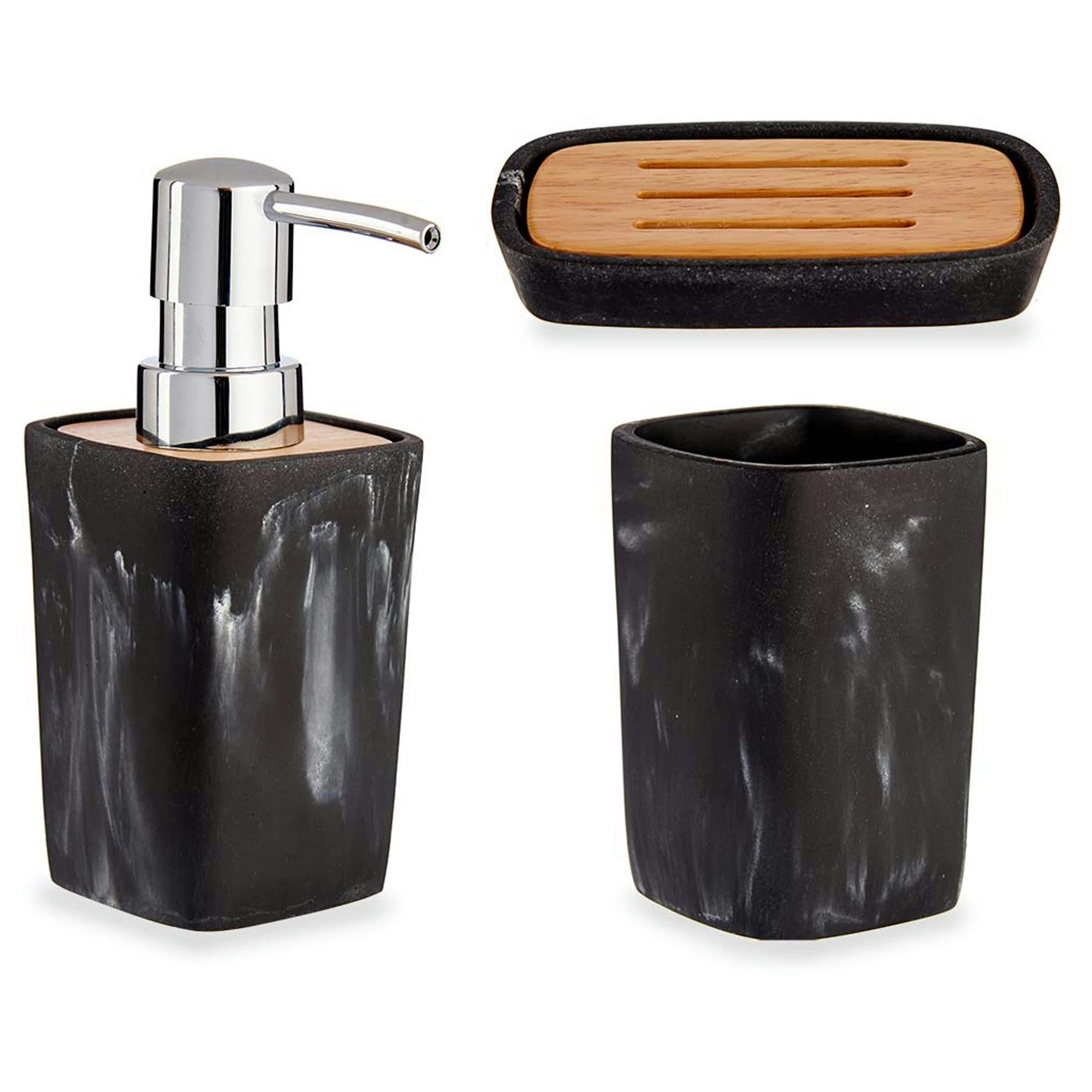 - Set salle de bain plastique effet marbre noir et bambou - 3 pièces