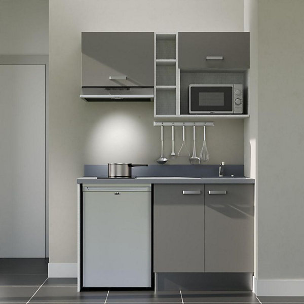 Kitchenette K13 - 140 cm - façades Gris - Plan monobloc en quartz coloris Cromo évier à droite - Electroménager Inox