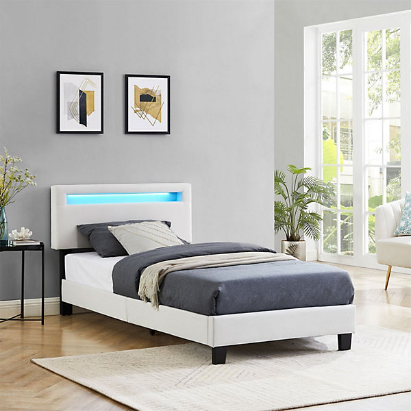 Lit LED simple AUSTIN 90x190 cm, avec sommier, revêtement en tissu blanc