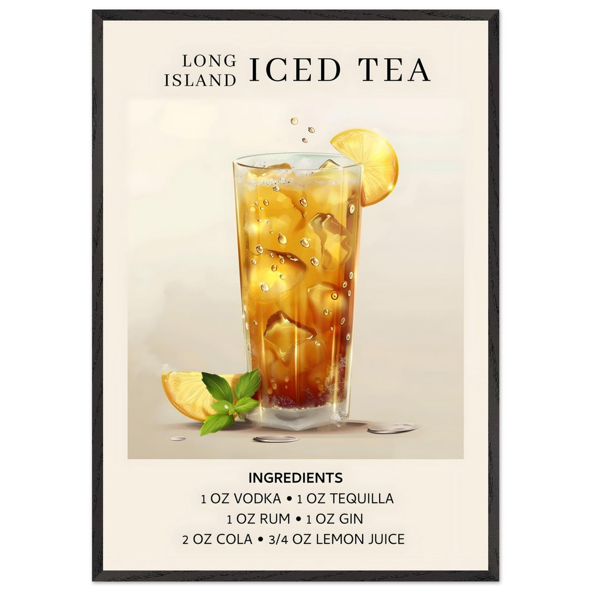 Artfulprints Poster met Lijst Long Island Iced Tea cocktail - Ingrediënten  - 70x100 cm - Grijs