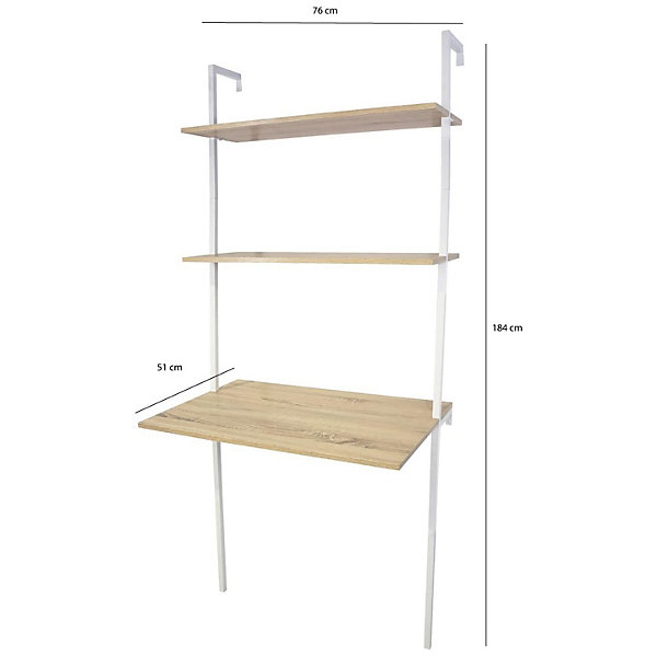 Bureau mural 2 étagères bois naturel et métal blanc 76 x 51 x 185 cm