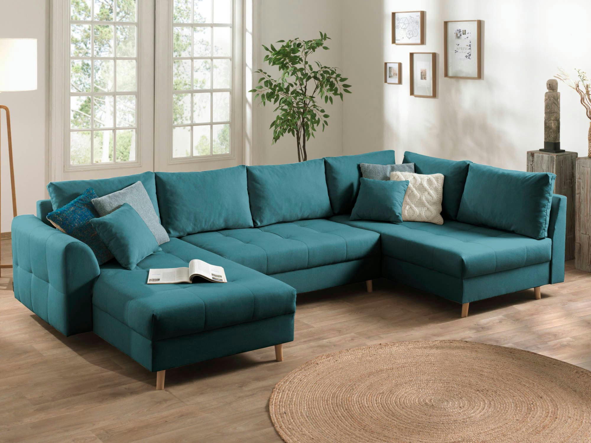 RUNE - Canapé panoramique 7 places angle droit en tissu bleu canard