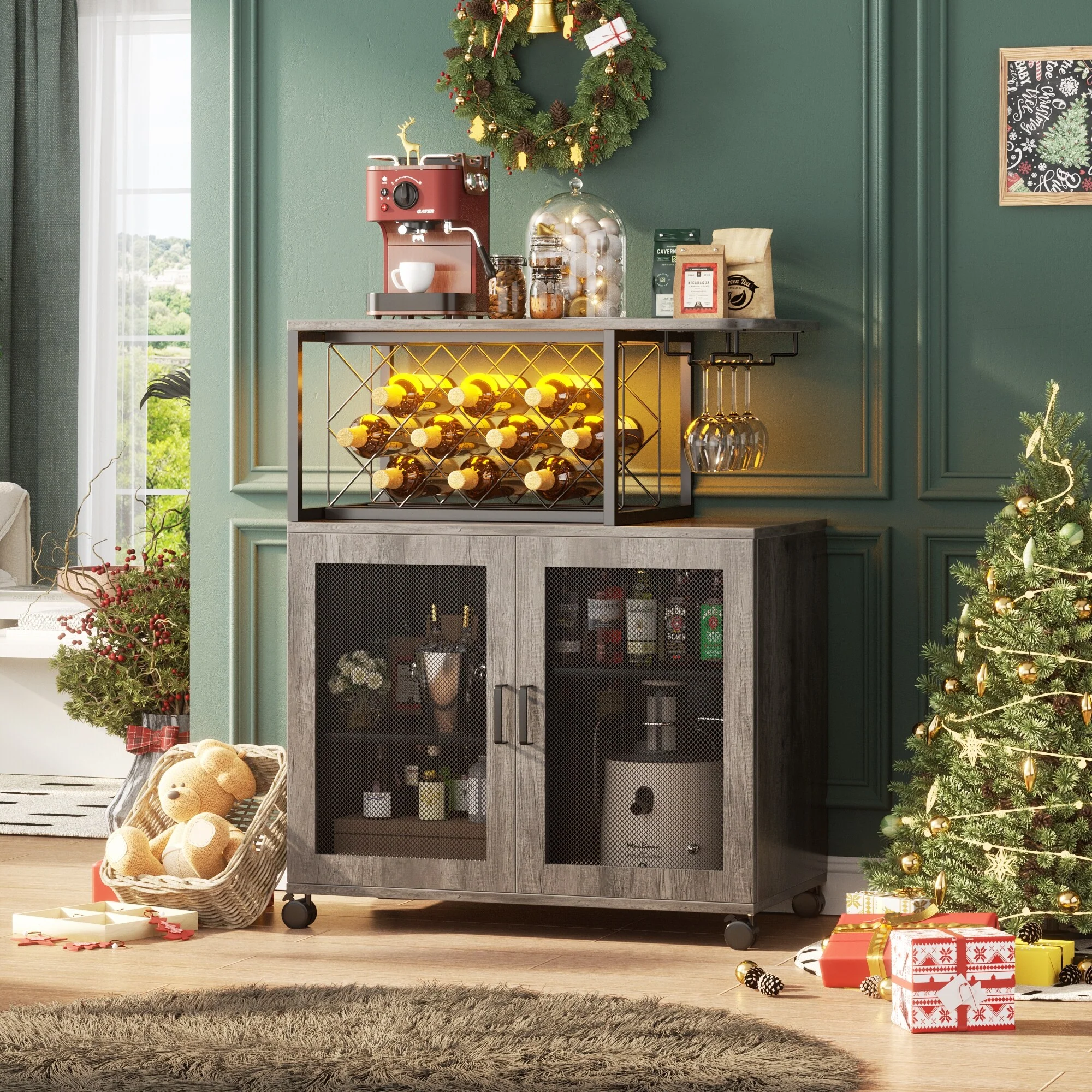 Rolling Bar Cart with Charge Station, Rollway Home Bar Liquor Cabinet with Glasses Holder