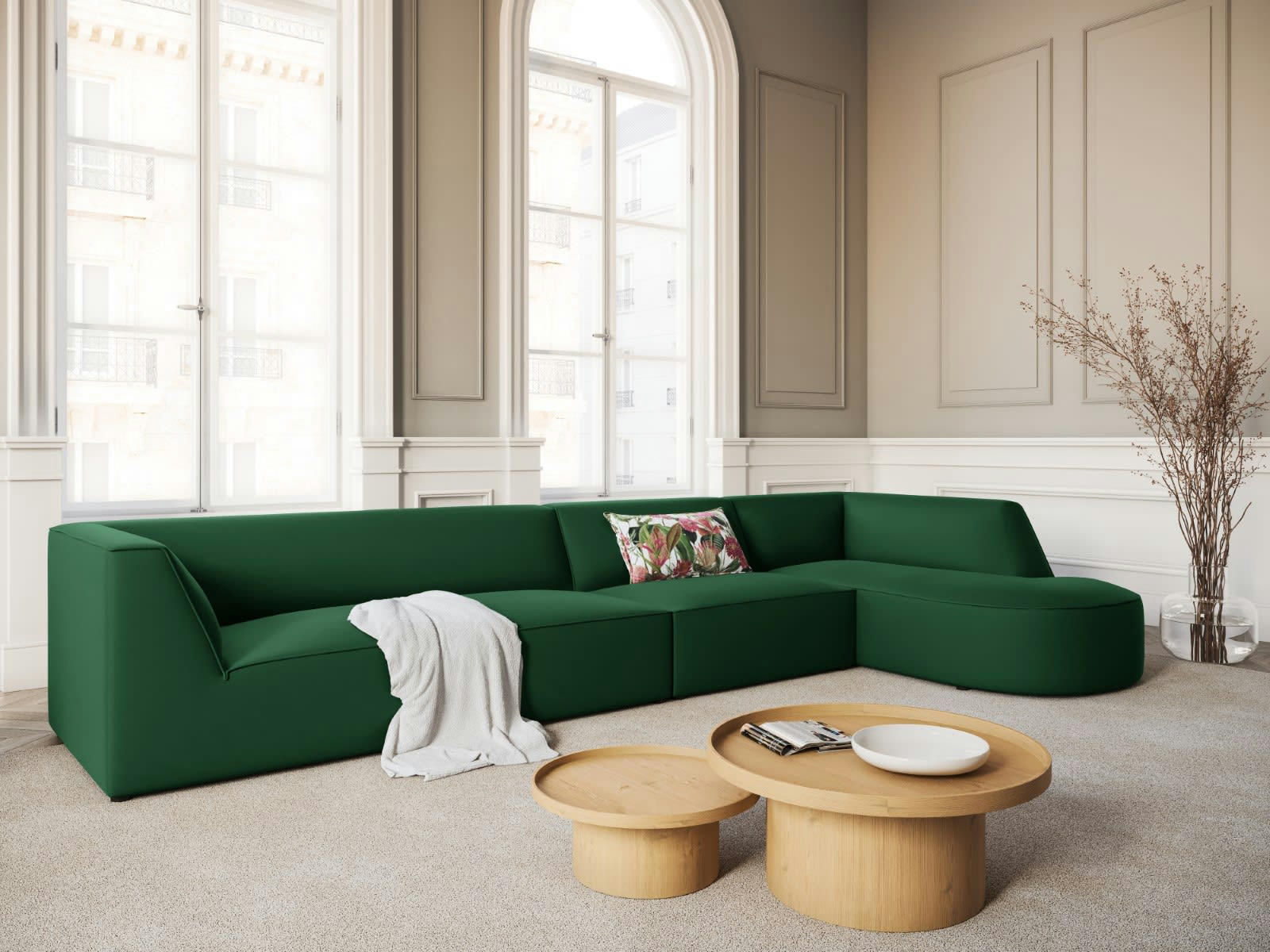 CHARLES - Canapé D'Angle Droit 5 places en Velours Vert