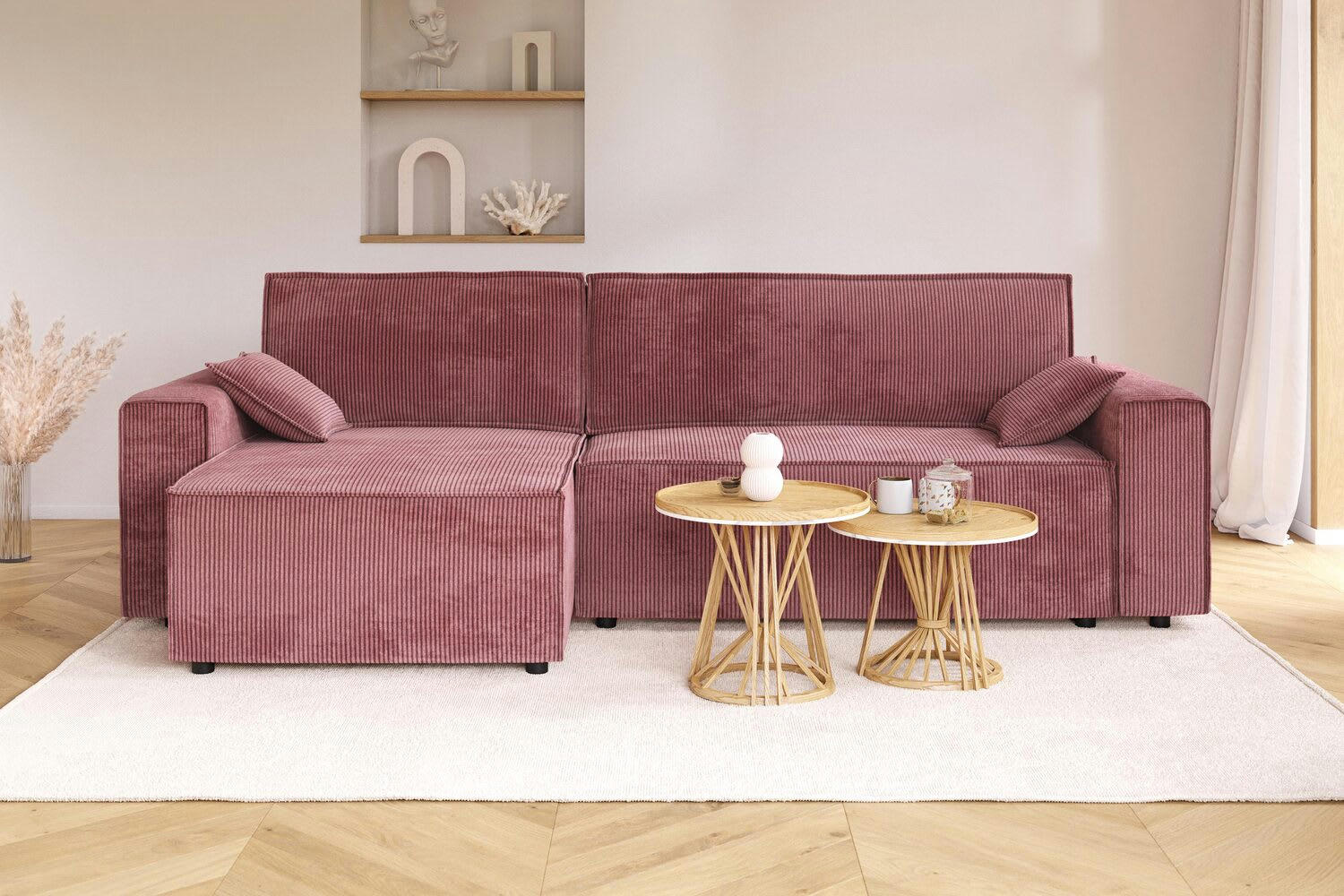 MARIUS - Canapé d'angle convertible en velours côtelé 4 places vieux rose