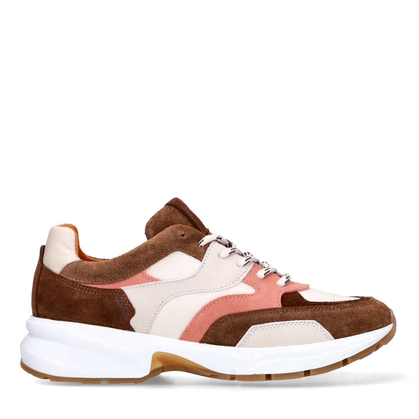 Manfield Bruine leren sneakers met multicolor suède details