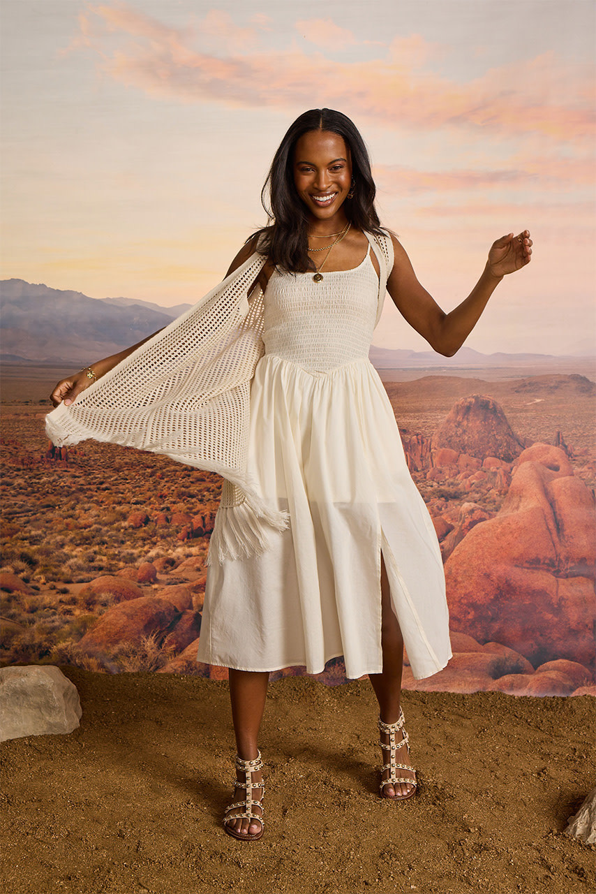 Tessa Smocked V Waist Midi Dress