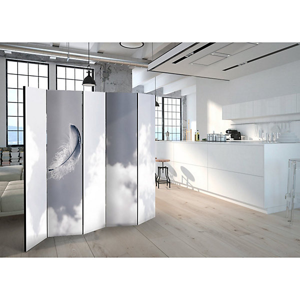 Paravent Plume Angélique II: élégance Céleste 5 Volets 225 x 172 cm Bleu et Gris