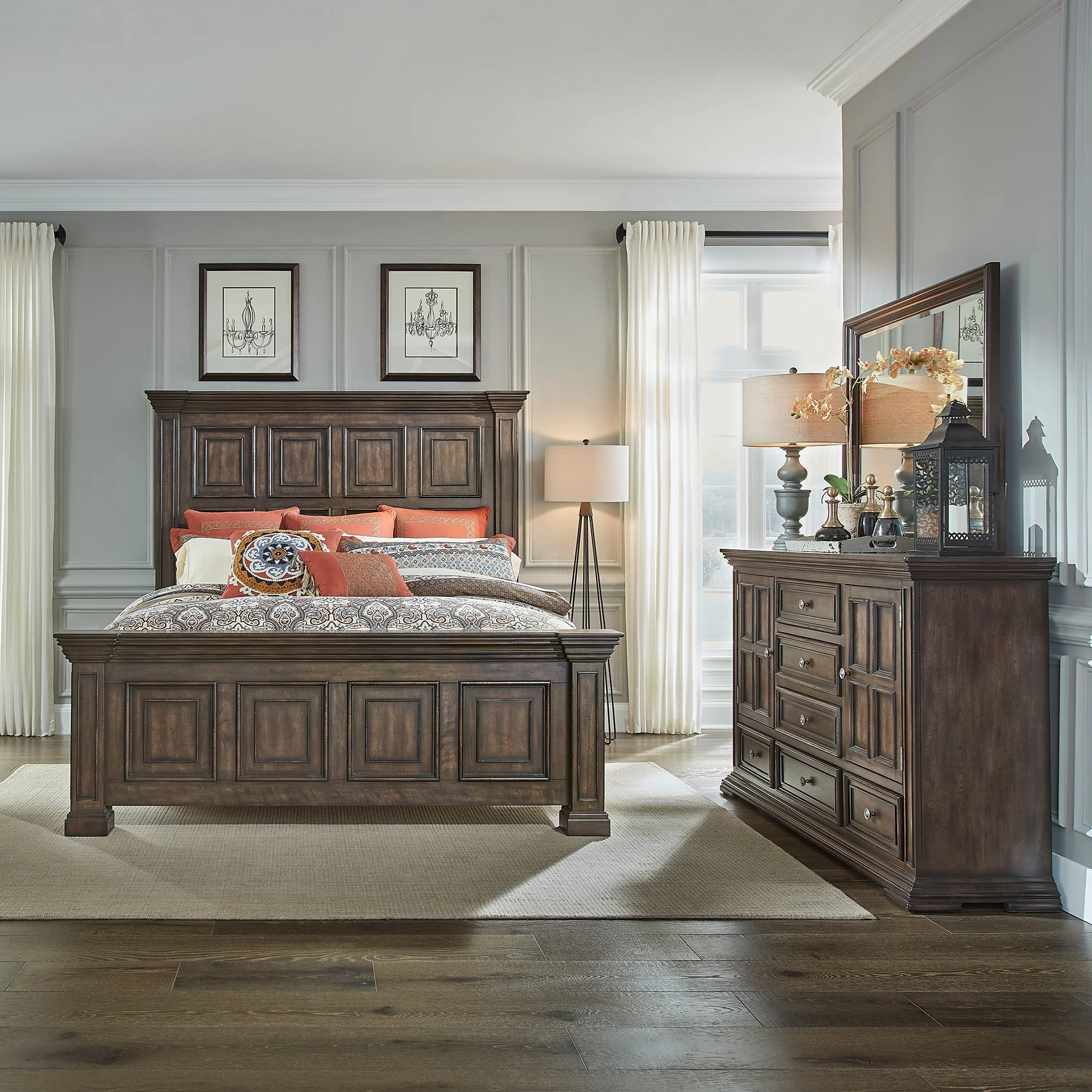 Liberty Furniture Big Valley Panel Bed, Dresser, Mirror, Chest, and Nightstand- California King, King or Queen