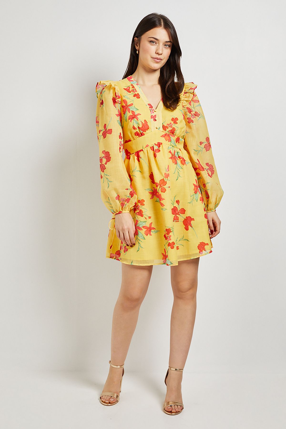 Dorothy Perkins Yellow Floral Printed Frill Detail Blouson Sleeve Mini Dress