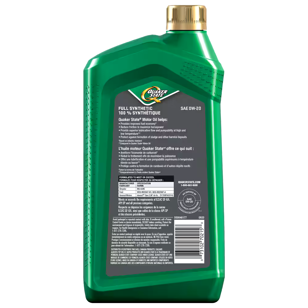 Quaker State Full Synthetic 0W20 Engine/Motor Oil, 946-mL