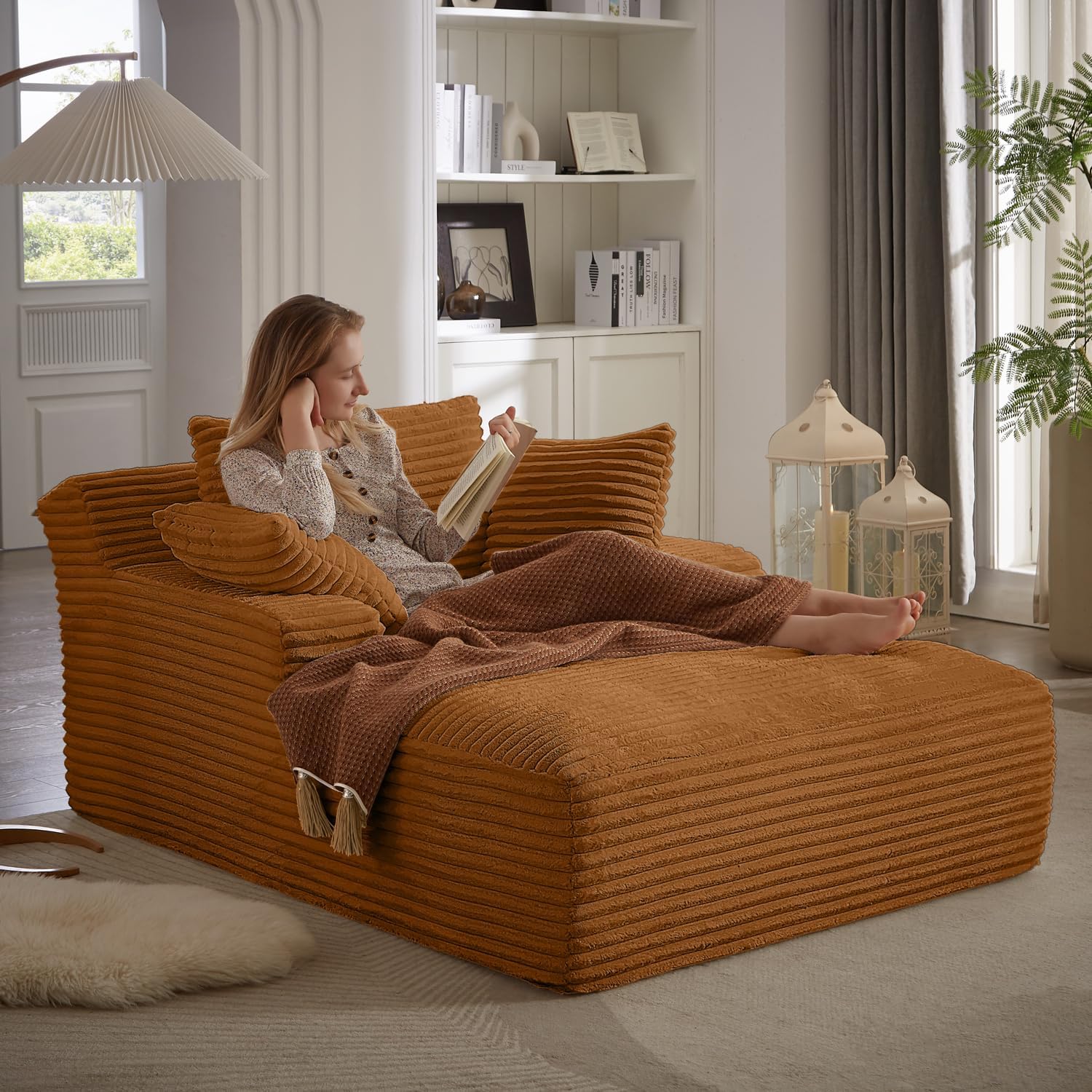 67 Inch Chaise Lounge Chair Indoor, Oversized Corduroy Upholstered Boneless Sofa Bed, Deep Seat Sleeper Couch Reading Chairs, Cloud Sofas Couches for Living Room, No Assembly Required (Orange)