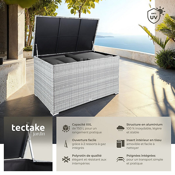 Coffre de jardin en aluminium et résine tressée gris clair